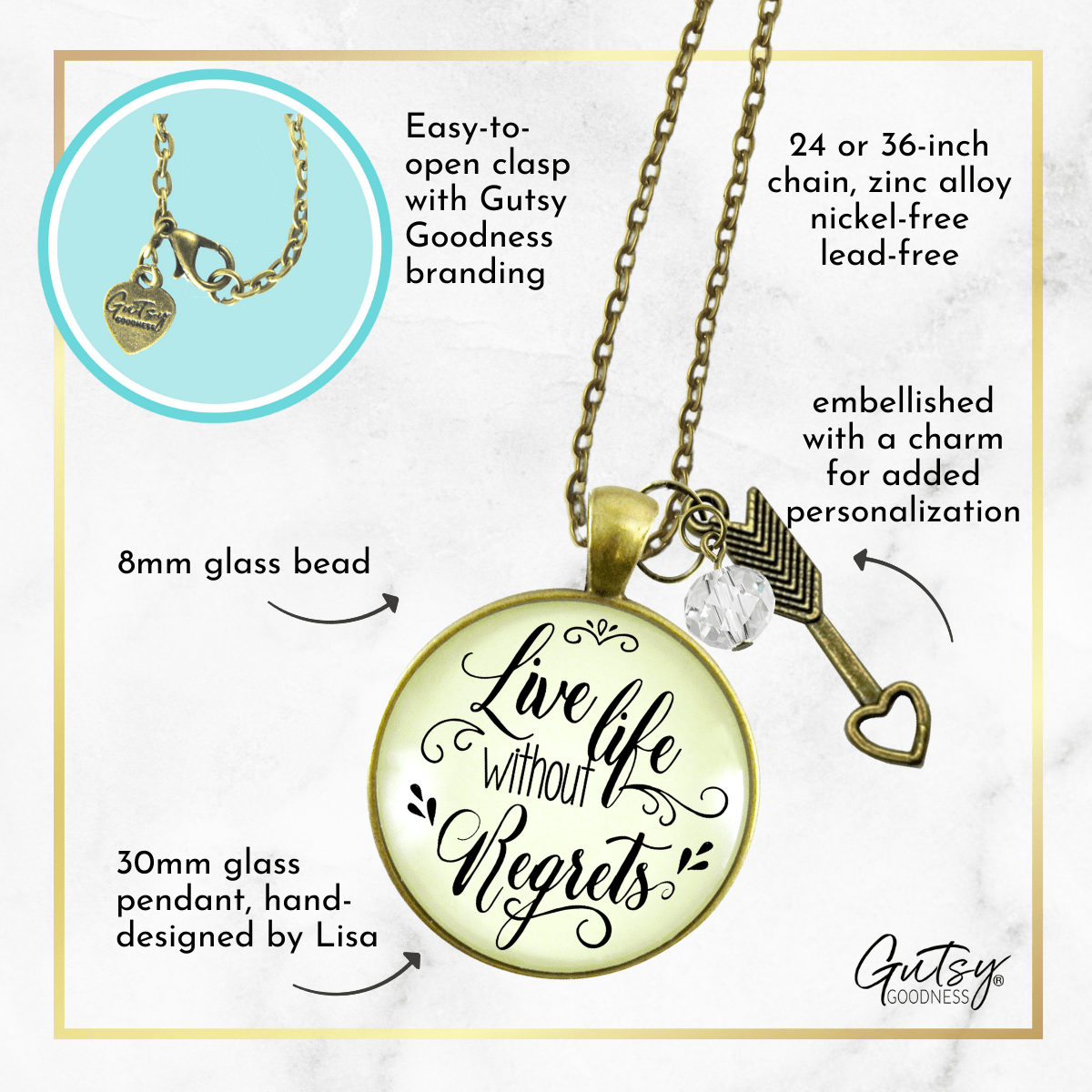 Gutsy Goodness Live Life Without Regrets Necklace Motivational Jewelry Arrow Charm - Gutsy Goodness;Live Life Without Regrets Necklace Motivational Jewelry Arrow Charm - Gutsy Goodness Handmade Jewelry Gifts