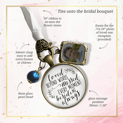 Loved Beyond Words, Missed Every Moment, Beside Me Always - BRONZE - WHITE - BLUE BEAD - 1 FRAME