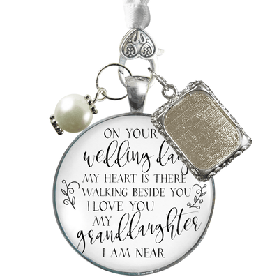 On Your Wedding Day MY Heart Is There Walking Beside You Granddaughter - Memorial Bouquet Charm, Silver, White Glass, White Pearl  Bouquet Charm - Gutsy Goodness Handmade Jewelry