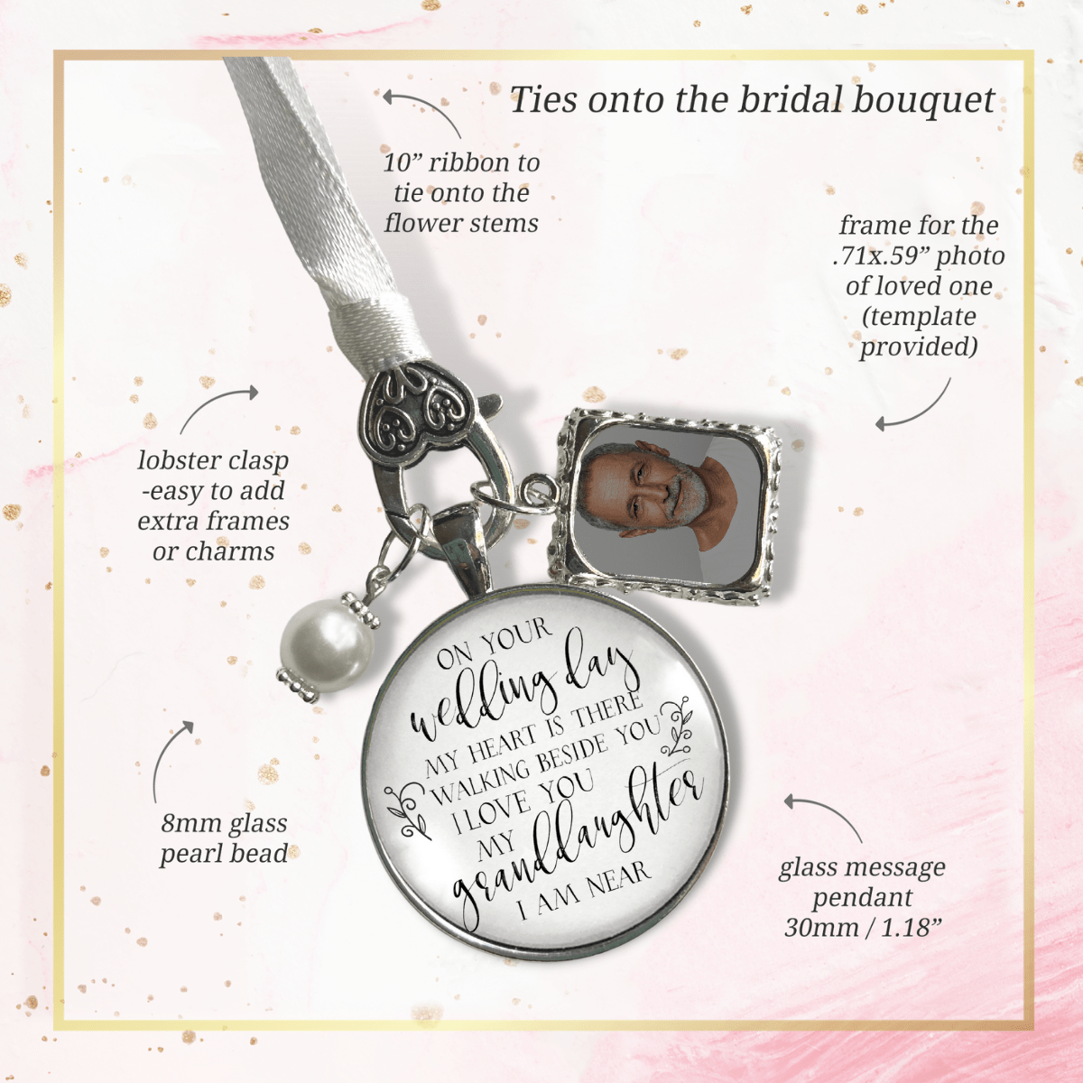 On Your Wedding Day MY Heart Is There Walking Beside You Granddaughter - Memorial Bouquet Charm, Silver, White Glass, White Pearl  Bouquet Charm - Gutsy Goodness Handmade Jewelry