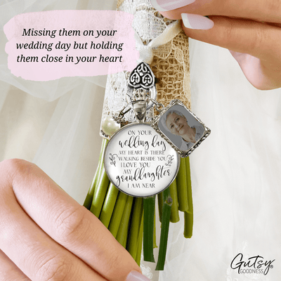 On Your Wedding Day MY Heart Is There Walking Beside You Granddaughter - Memorial Bouquet Charm, Silver, White Glass, White Pearl  Bouquet Charm - Gutsy Goodness Handmade Jewelry