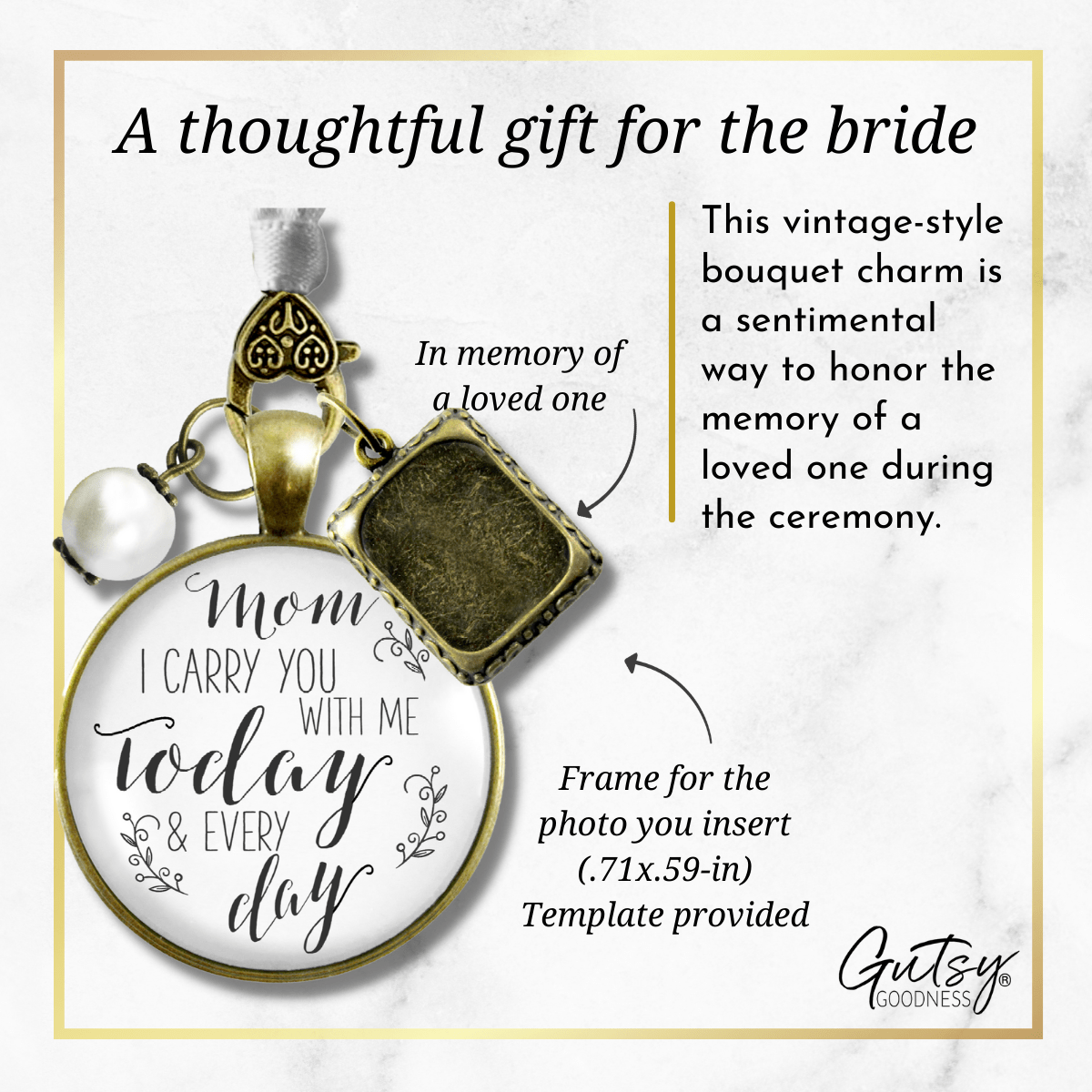 Bouquet Photo Charm Mom I Carry You With Me Wedding Mother White Memorial Photo Jewel - Gutsy Goodness Handmade Jewelry Gifts