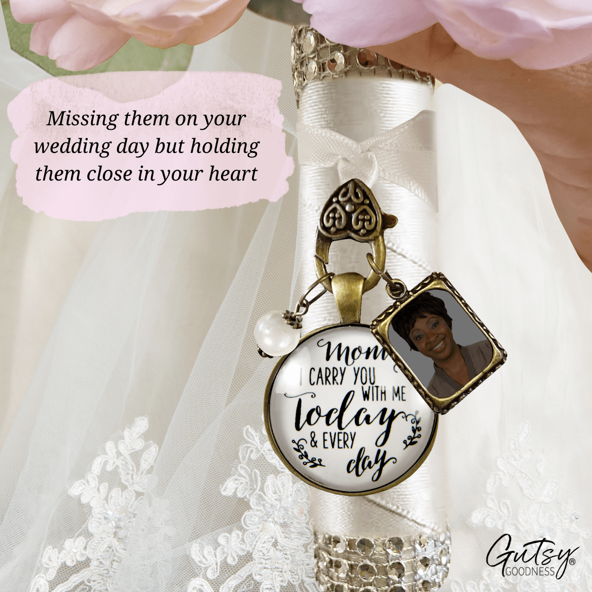 Bouquet Photo Charm Mom I Carry You With Me Wedding Mother White Memorial Photo Jewel - Gutsy Goodness Handmade Jewelry Gifts