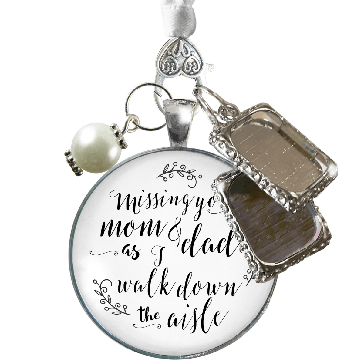 Bouquet Charm Mom Dad Parents Of Bride Wedding White Silver Tone Memory 2 Photo Frame - Gutsy Goodness Handmade Jewelry Gifts