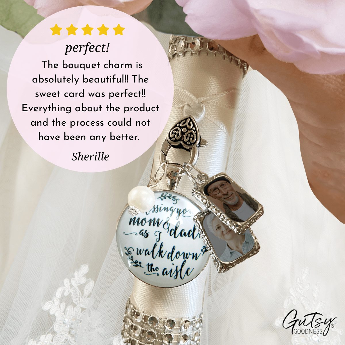 Bouquet Photo Charms For Wedding Father Memorial Walk Me Down Aisle Daddy  Silvertone Jewelry White Glass Pendant Something Blue Bead 1 Frame Loving