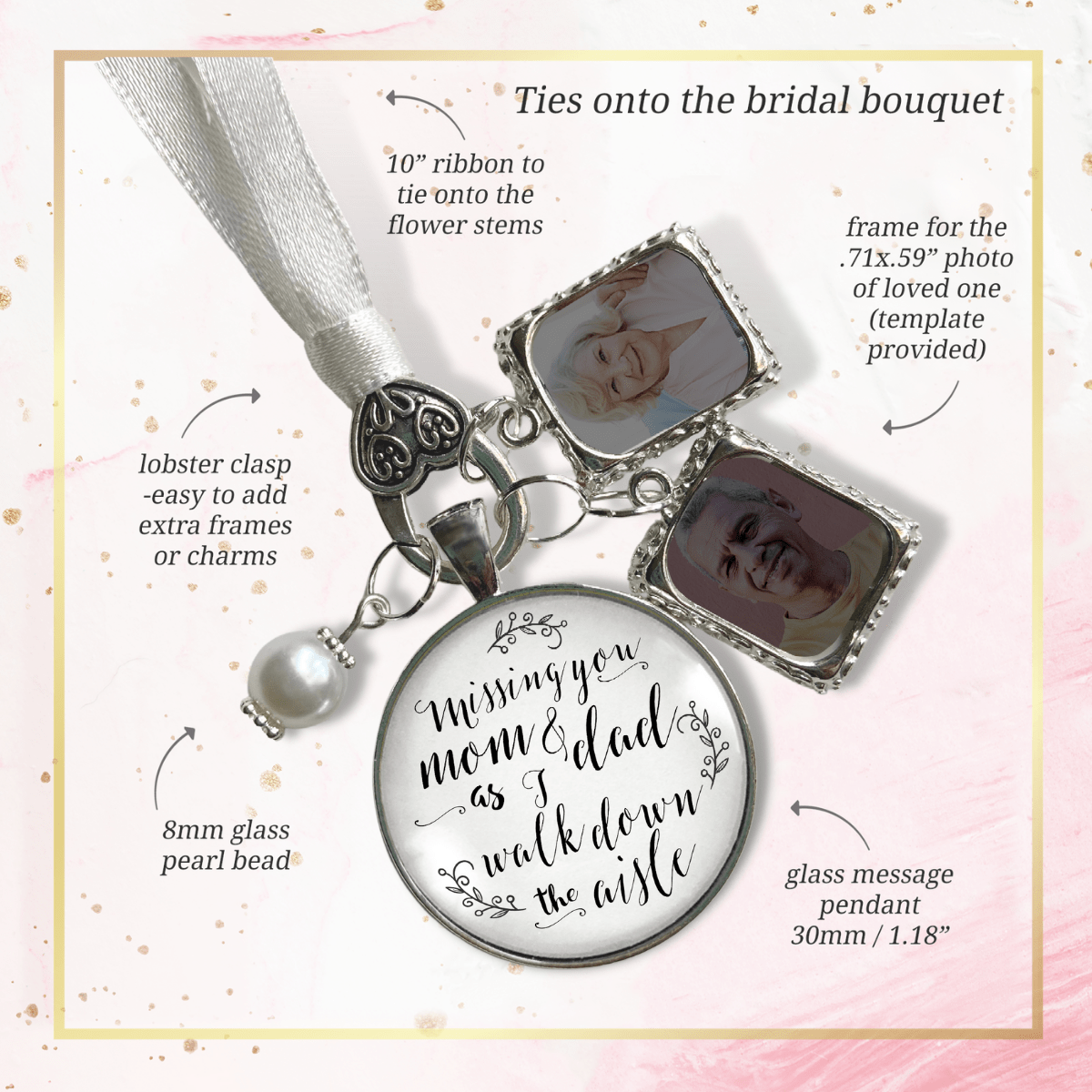 Bouquet Charm Mom Dad Parents Of Bride Wedding White Silver Tone Memory 2 Photo Frame - Gutsy Goodness Handmade Jewelry Gifts