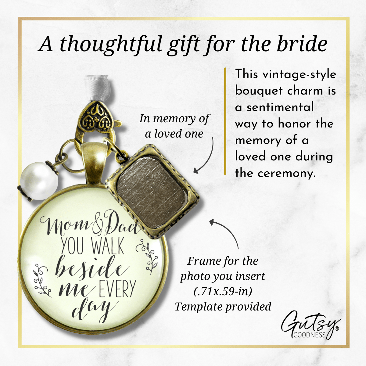 Bouquet Charm Mom Dad Remembrance Parent Of Bride Memory Photo Frame Wedding Memorial - Gutsy Goodness Handmade Jewelry Gifts