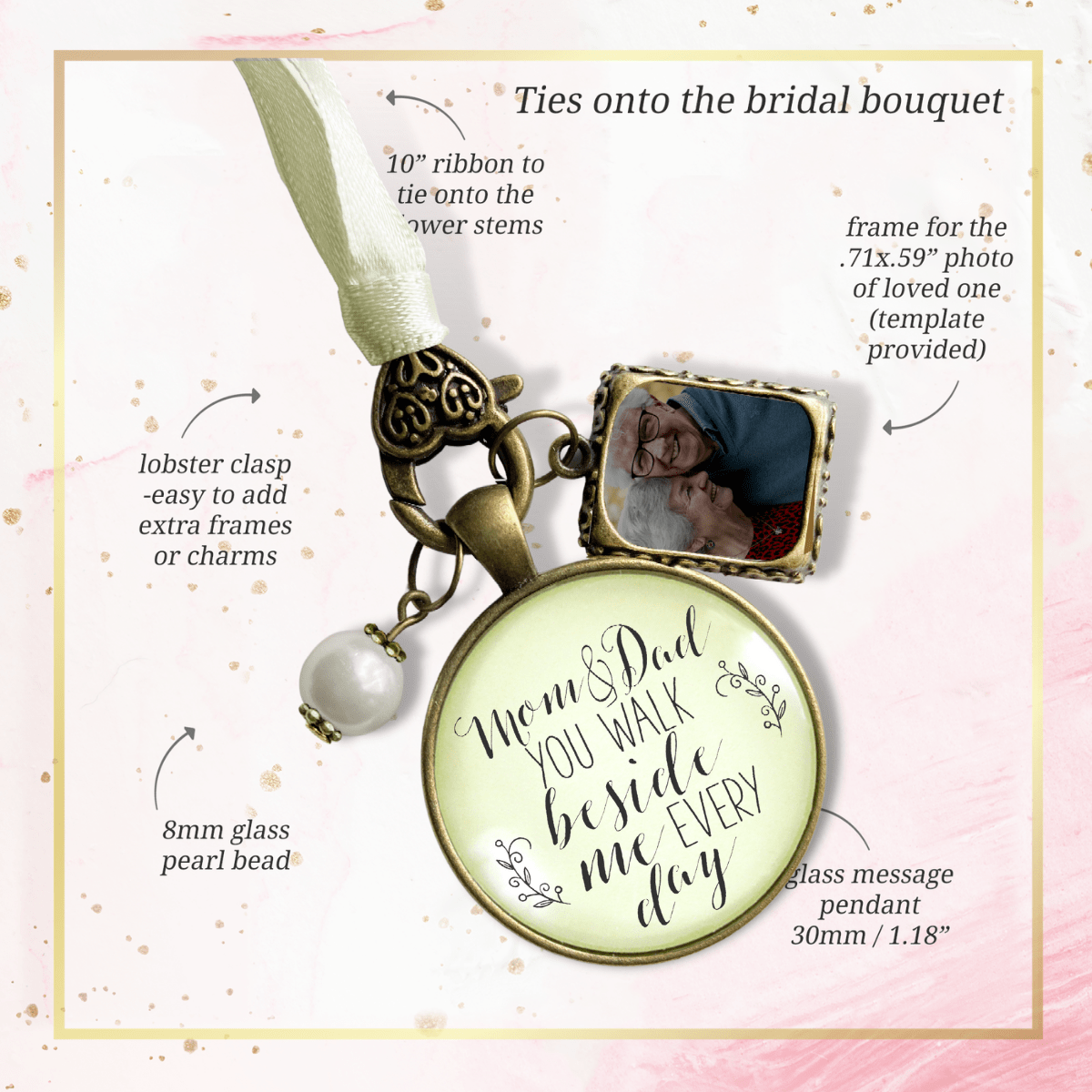 Bouquet Charm Mom Dad Remembrance Parent Of Bride Memory Photo Frame Wedding Memorial - Gutsy Goodness Handmade Jewelry Gifts