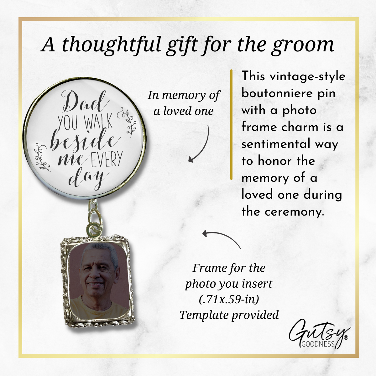 Wedding Memorial Boutonniere Pin Photo Frame Honor Father Dad Silver White For Men - Gutsy Goodness