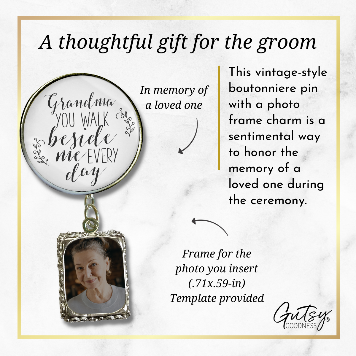 Wedding Memorial Boutonniere Pin Photo Frame Honor Grandma Silver White For Men - Gutsy Goodness