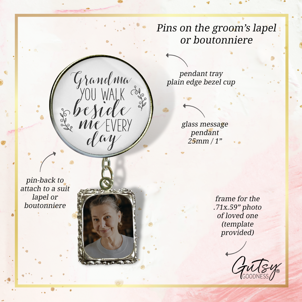 Wedding Memorial Boutonniere Pin Photo Frame Honor Grandma Silver White For Men - Gutsy Goodness