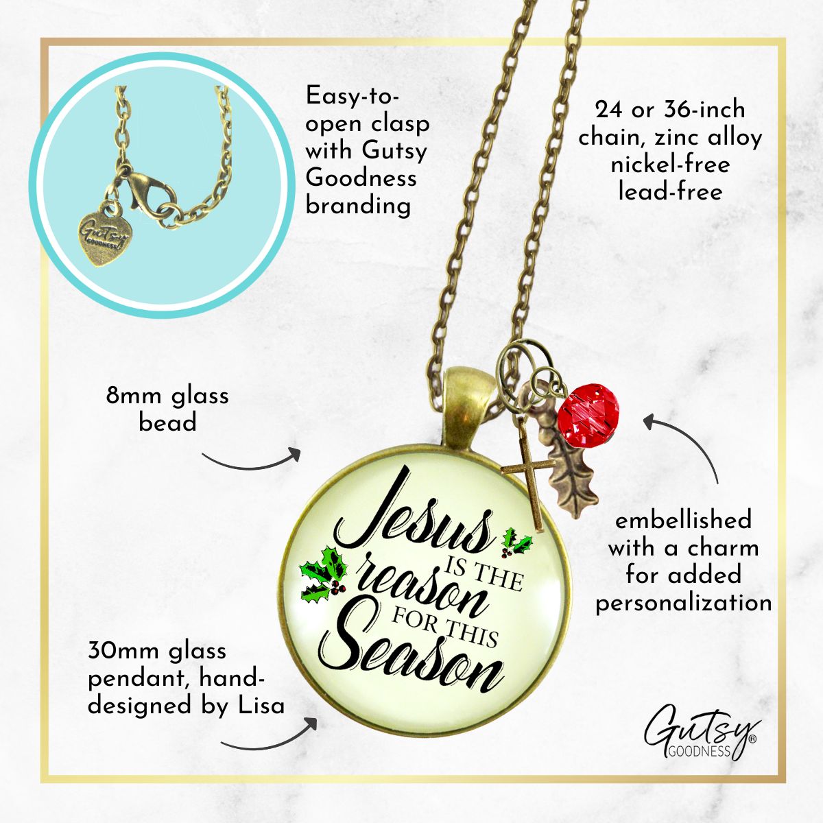 Jesus Is The Reason Necklace Merry Christmas Handmade Faith Jewelry Gift For Women Cross Holly Charms  Necklace - Gutsy Goodness Handmade Jewelry