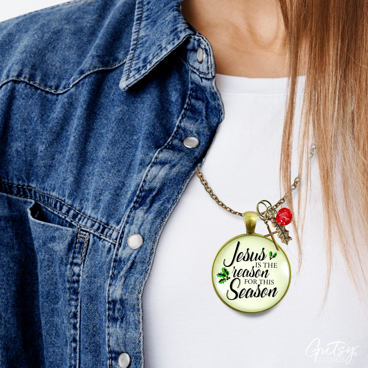 Jesus Is The Reason Necklace Merry Christmas Handmade Faith Jewelry Gift For Women Cross Holly Charms  Necklace - Gutsy Goodness Handmade Jewelry