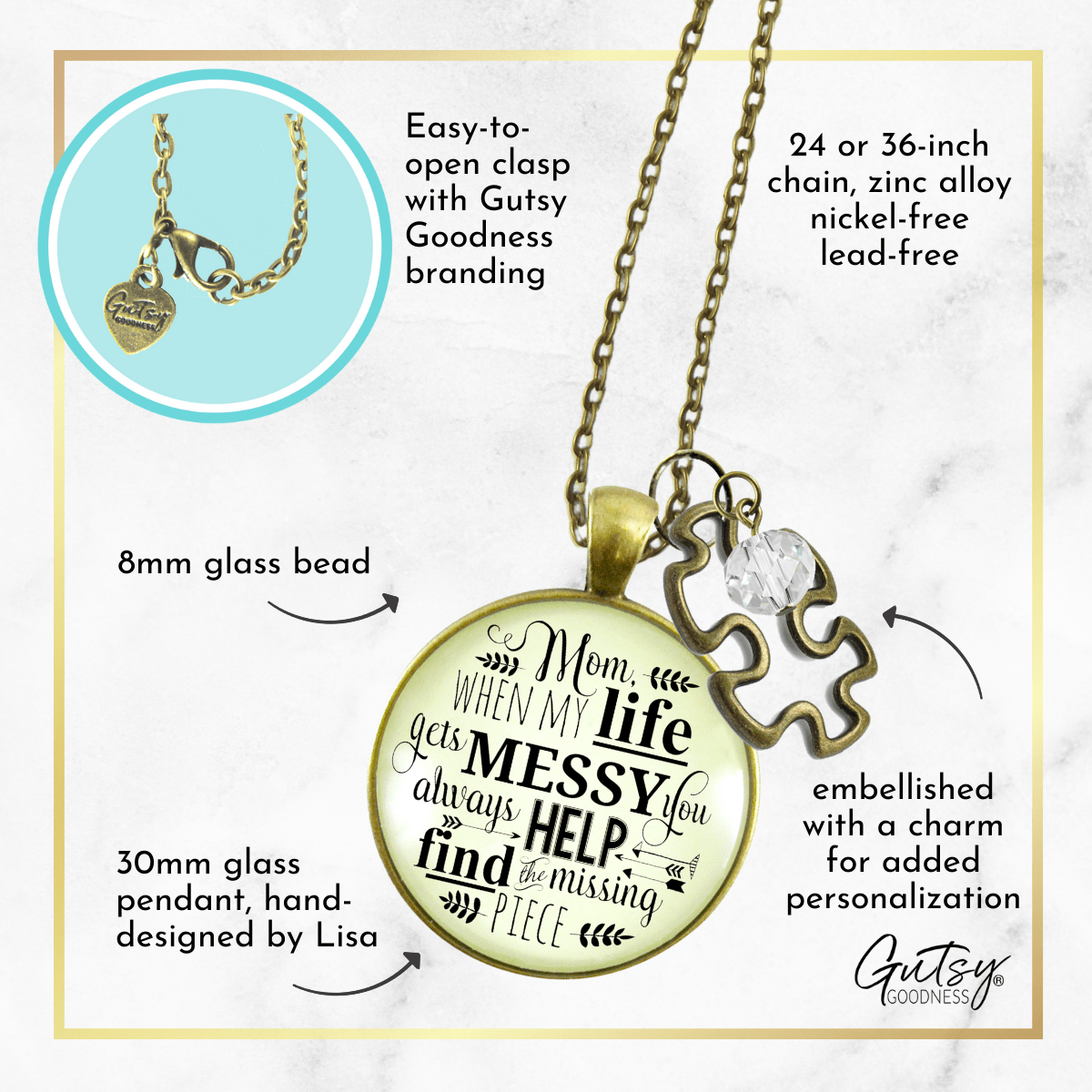 Gutsy Goodness Mom Necklace Life Gets Messy Quote Love You Jewelry from Daughter - Gutsy Goodness Handmade Jewelry;Mom When Life Gets Messy - Gutsy Goodness Handmade Jewelry Gifts