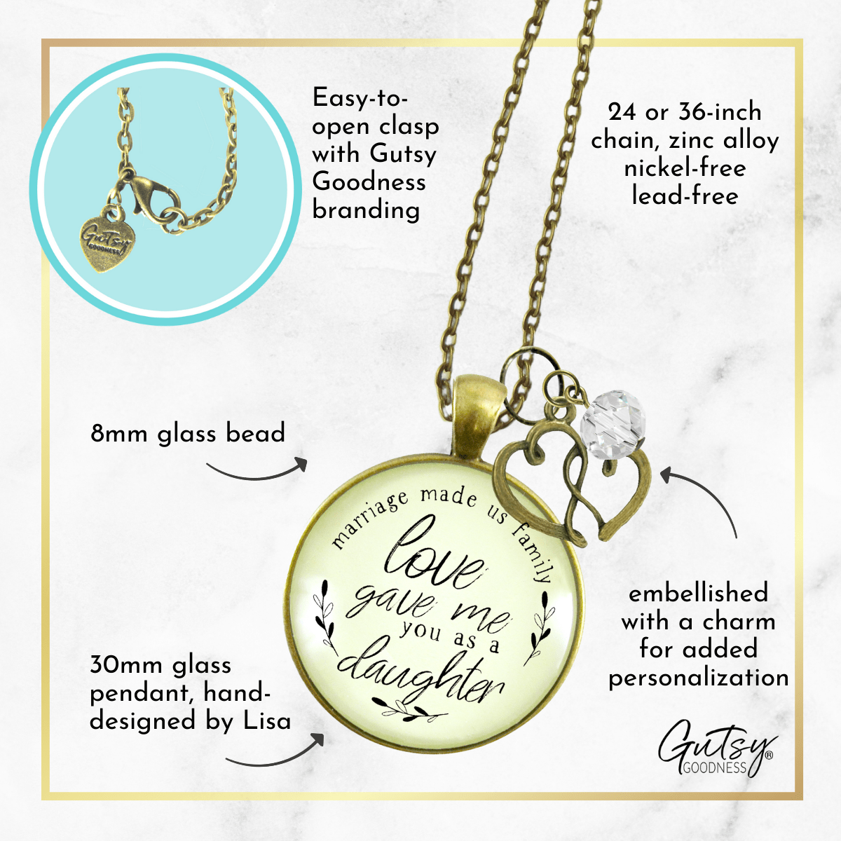 Sister Necklace Because of Your Love Boho Style Bronze Jewelry for Women  Chain 24 - Handmade Glass Inspirational Family Quote Pendant, Heart Charm