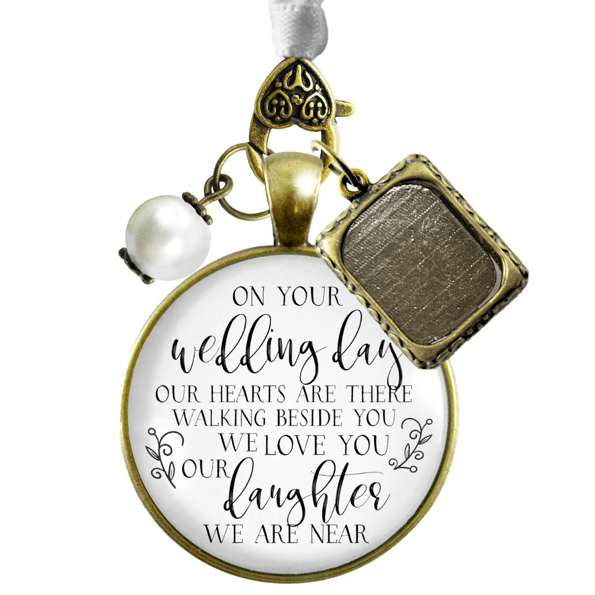On Your Wedding Day OUR Heart Is There Walking Beside You DAUGHTER - BRONZE - WHITE - WHITE BEAD