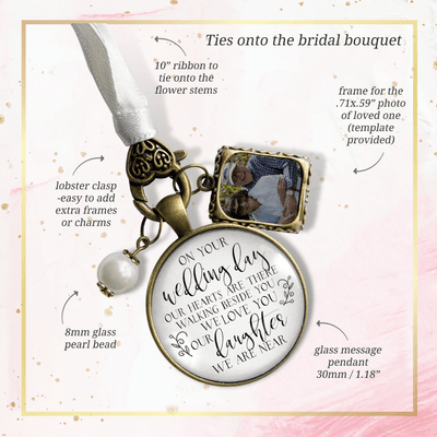 On Your Wedding Day OUR Heart Is There Walking Beside You DAUGHTER - BRONZE - WHITE - WHITE BEAD