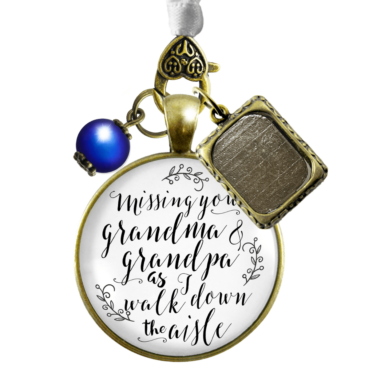 Bouquet Charm Bridal Memorial Missing Grandma Grandpa Wedding Day White Bronze Frame - Gutsy Goodness Handmade Jewelry Gifts