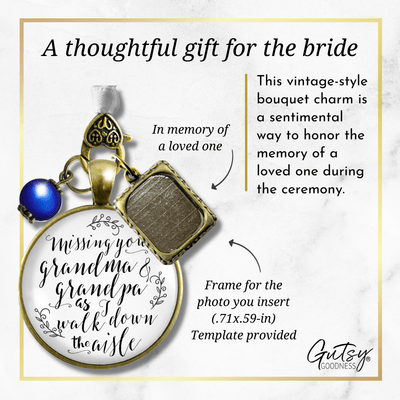 Bouquet Charm Bridal Memorial Missing Grandma Grandpa Wedding Day White Bronze Frame - Gutsy Goodness Handmade Jewelry Gifts