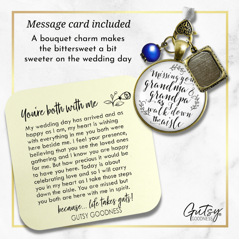 Bouquet Charm Bridal Memorial Missing Grandma Grandpa Wedding Day White Bronze Frame - Gutsy Goodness Handmade Jewelry Gifts