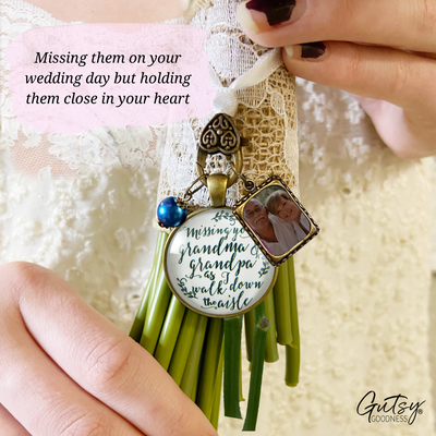Bouquet Charm Bridal Memorial Missing Grandma Grandpa Wedding Day White Bronze Frame - Gutsy Goodness Handmade Jewelry Gifts