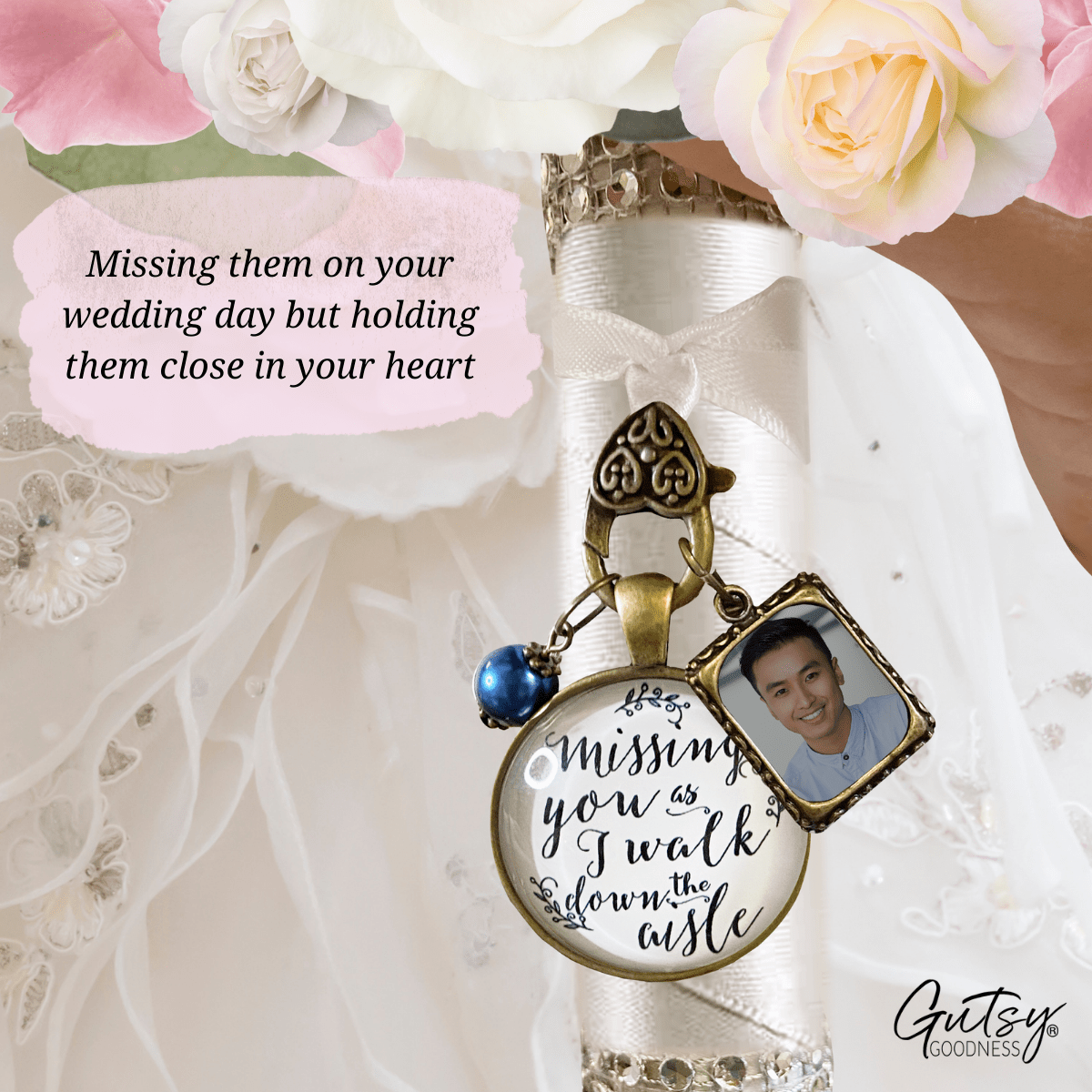 Bouquet Charm Missing You Wedding Memorial Jewelry Bridal Photo Frame Blue Bead - Gutsy Goodness Handmade Jewelry Gifts