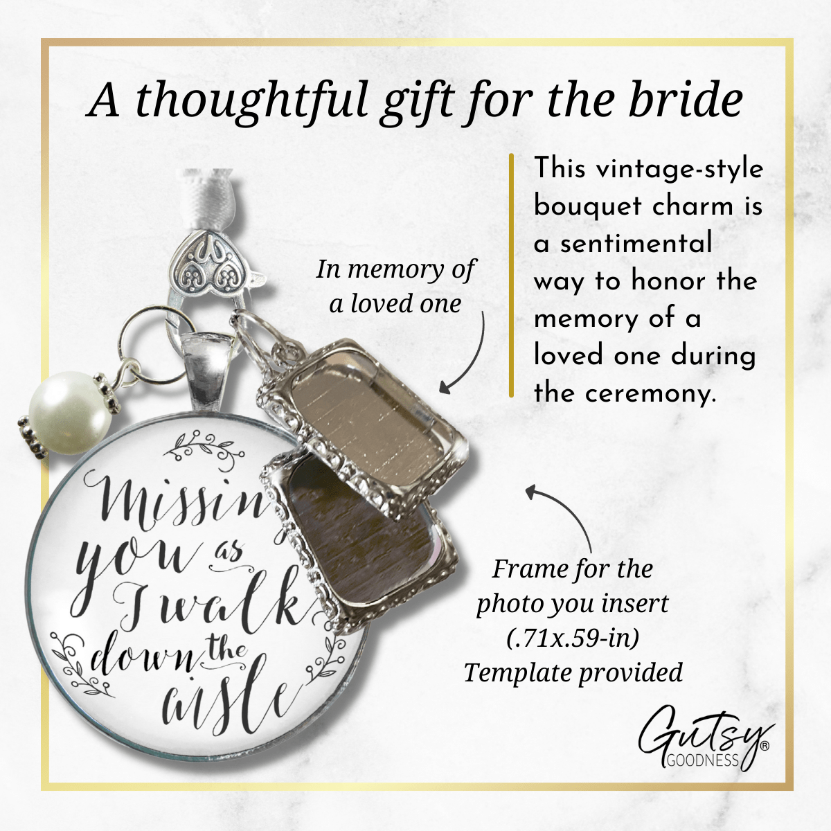 Bouquet Wedding Charm Missing You Silver Tone Bridal Memorial Photo Jewelry 2 Frames - Gutsy Goodness Handmade Jewelry Gifts