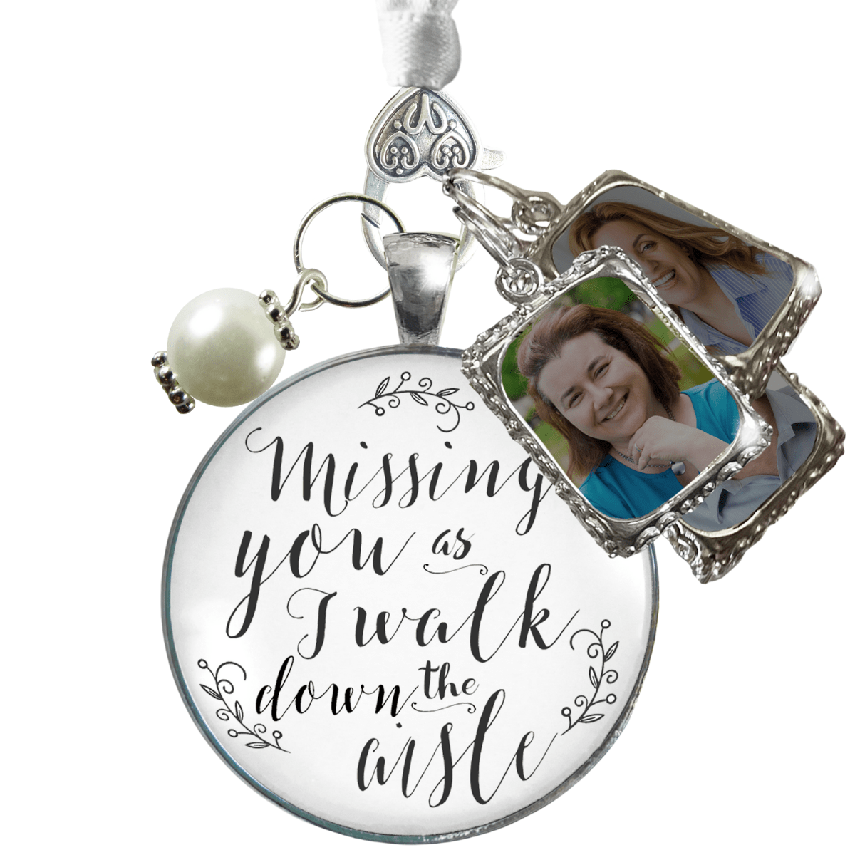 Bouquet Wedding Charm Missing You White Silver Tone Memorial Charm Photo 3 Frames  Bouquet Charm - Gutsy Goodness Handmade Jewelry
