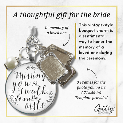 Bouquet Wedding Charm Missing You White Silver Tone Memorial Charm Photo 3 Frames  Bouquet Charm - Gutsy Goodness Handmade Jewelry
