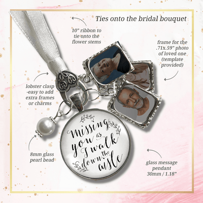 Bouquet Wedding Charm Missing You White Silver Tone Memorial Charm Photo 3 Frames  Bouquet Charm - Gutsy Goodness Handmade Jewelry