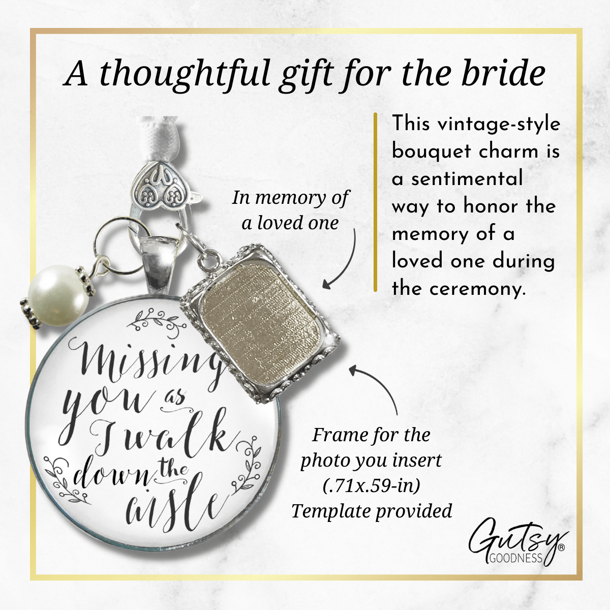 Wedding Bouquet Memorial Charm Missing You White Silver Tone Memory Photo Jewelry - Gutsy Goodness Handmade Jewelry Gifts