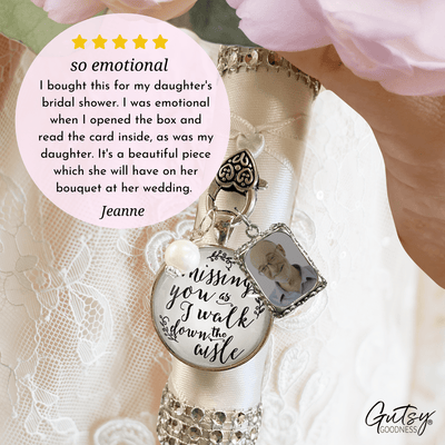 Wedding Bouquet Memorial Charm Missing You White Silver Tone Memory Photo Jewelry - Gutsy Goodness Handmade Jewelry Gifts