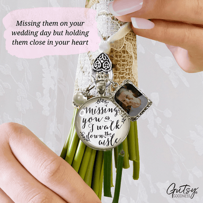 Wedding Bouquet Memorial Charm Missing You White Silver Tone Memory Photo Jewelry - Gutsy Goodness Handmade Jewelry Gifts