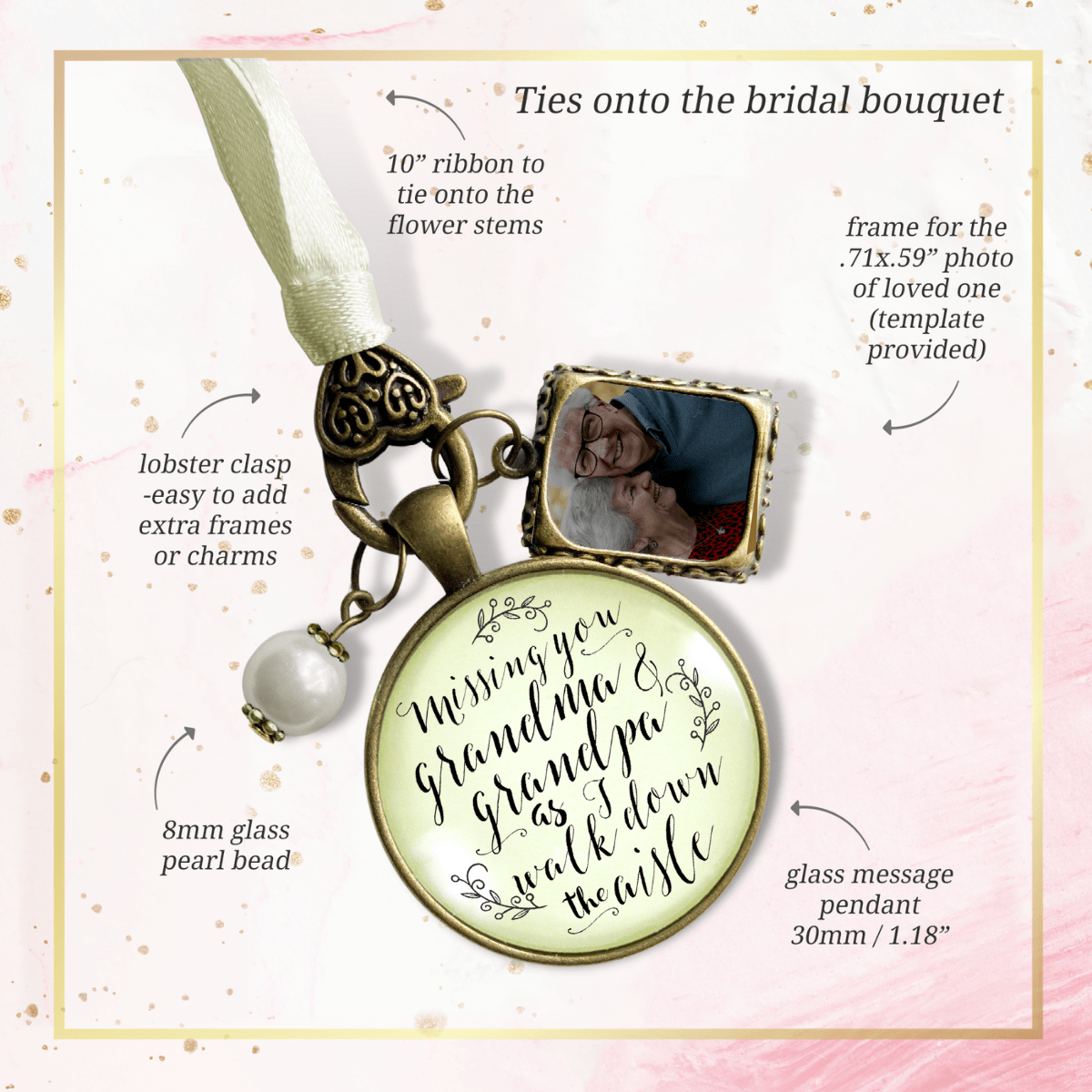 Bouquet Charm Bridal Memorial Grandma And Grandpa Miss You Wedding Day Vintage Bronze Picture Frame - Gutsy Goodness Handmade Jewelry Gifts