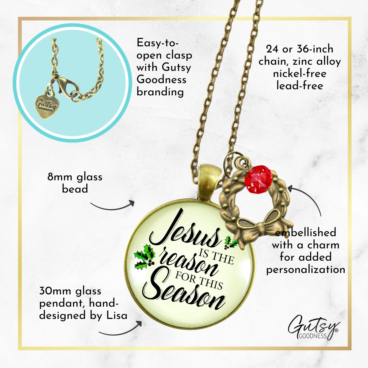 Jesus Is The Reason For Season Necklace Handmade Faith Christmas Jewelry For Women  Wreath Charm  Necklace - Gutsy Goodness Handmade Jewelry