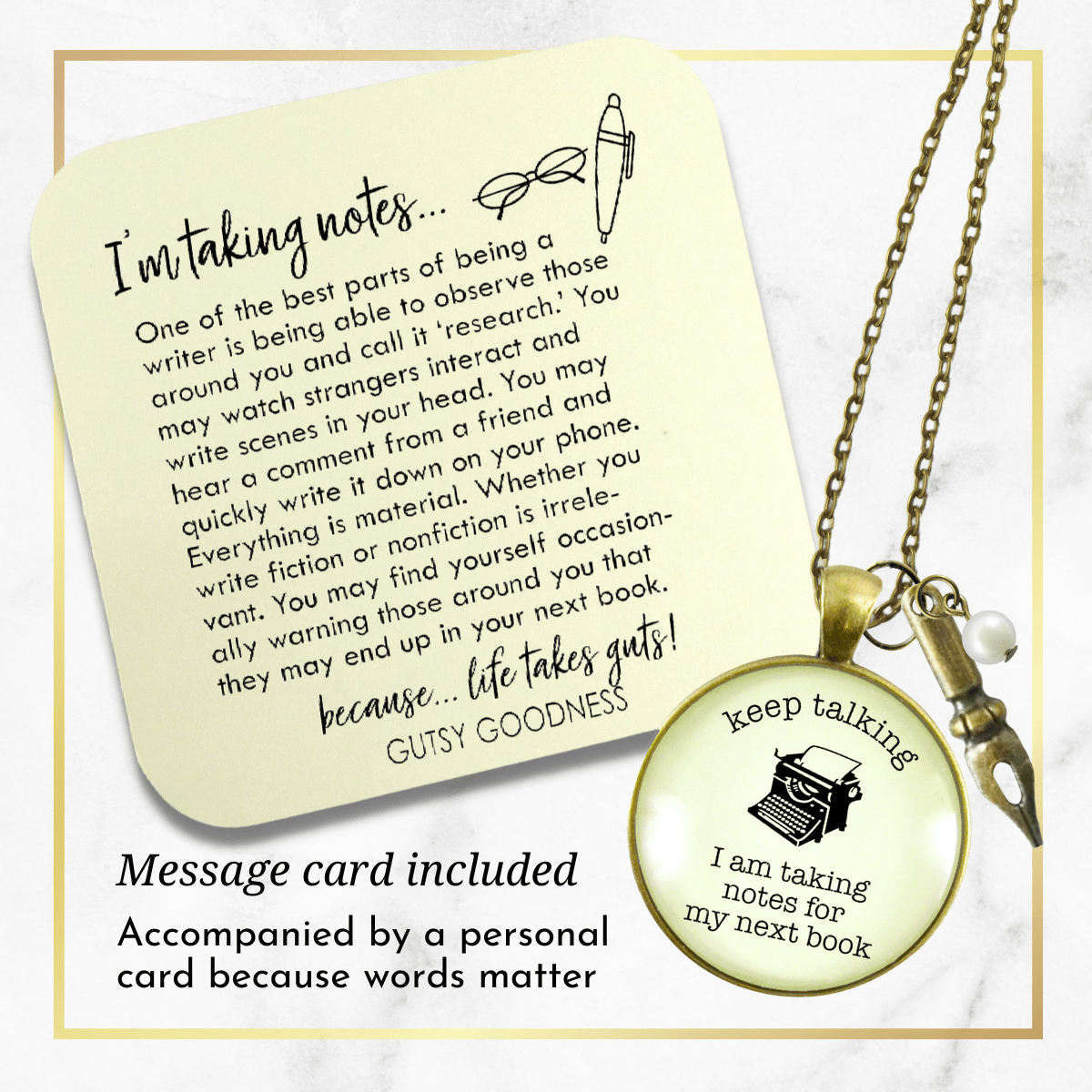 Gutsy Goodness Author Necklace Keep Talking Taking Notes Book Jewelry Writers Quote - Gutsy Goodness;Author Necklace Keep Talking Taking Notes Book Jewelry Writers Quote - Gutsy Goodness Handmade Jewelry Gifts