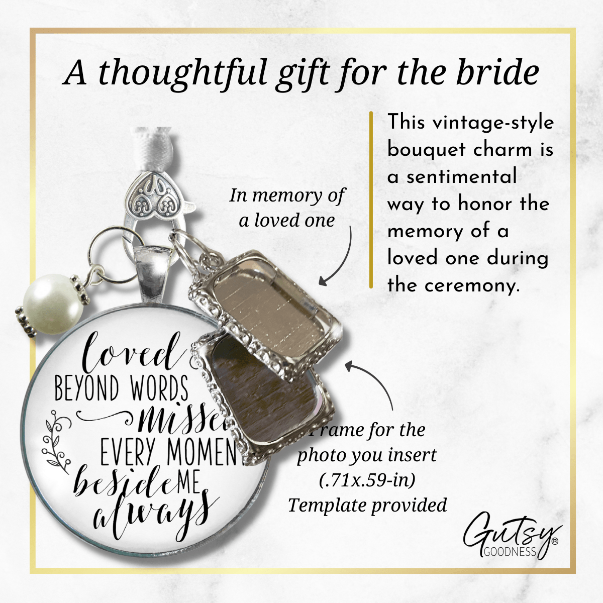 Bouquet Wedding Charm Loved Beyond Words Silver Bridal Memorial Photo Jewelry 2 Frames  Bouquet Charm - Gutsy Goodness Handmade Jewelry