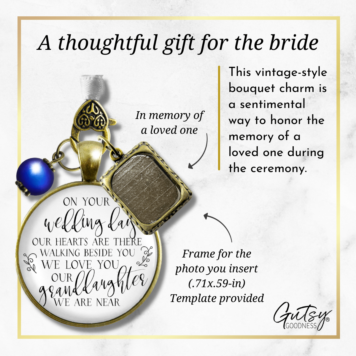 On Your Wedding Day OUR Heart Is There Walking Beside You GRANDDAUGHTER - BRONZE - WHITE - BLUE BEAD