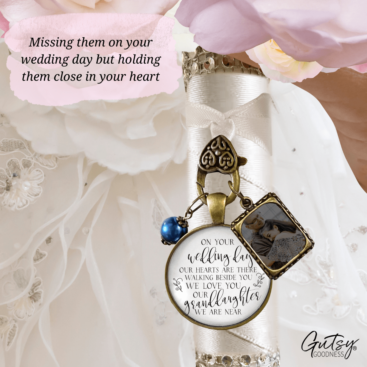On Your Wedding Day OUR Heart Is There Walking Beside You GRANDDAUGHTER - BRONZE - WHITE - BLUE BEAD