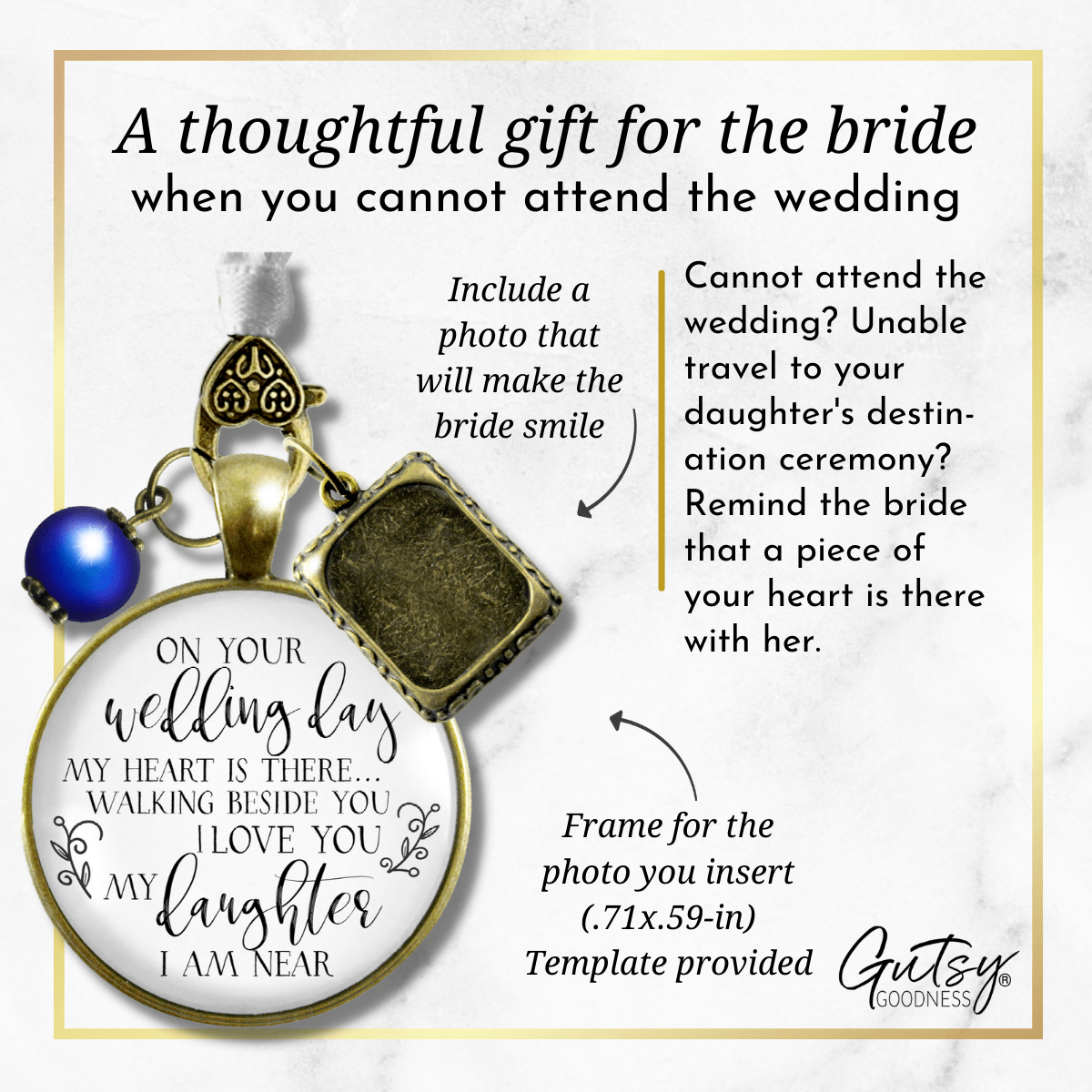 On Your Wedding Day MY Heart Is There Walking Beside You DAUGHTER - DESTINATION BRONZE - WHITE - BLUE BEAD