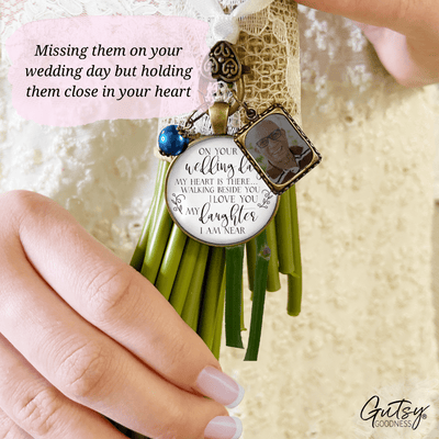 On Your Wedding Day MY Heart Is There Walking Beside You DAUGHTER - DESTINATION BRONZE - WHITE - BLUE BEAD