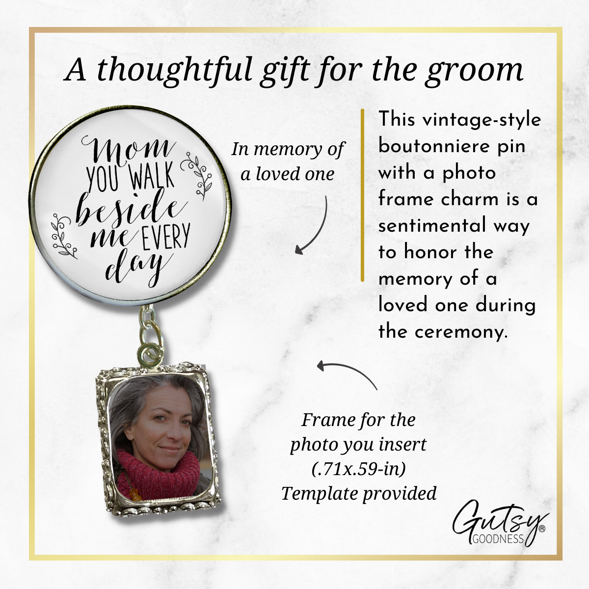 Wedding Memorial Boutonniere Pin Photo Frame Honor Mom Silver White For Men - Gutsy Goodness