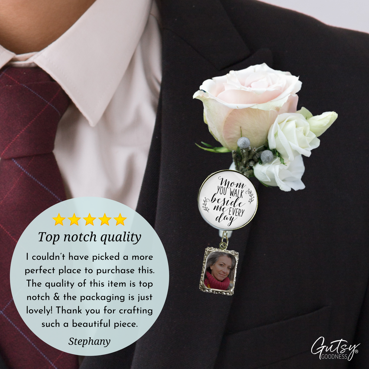 Wedding Memorial Boutonniere Pin Photo Frame Honor Mom Silver White For Men - Gutsy Goodness