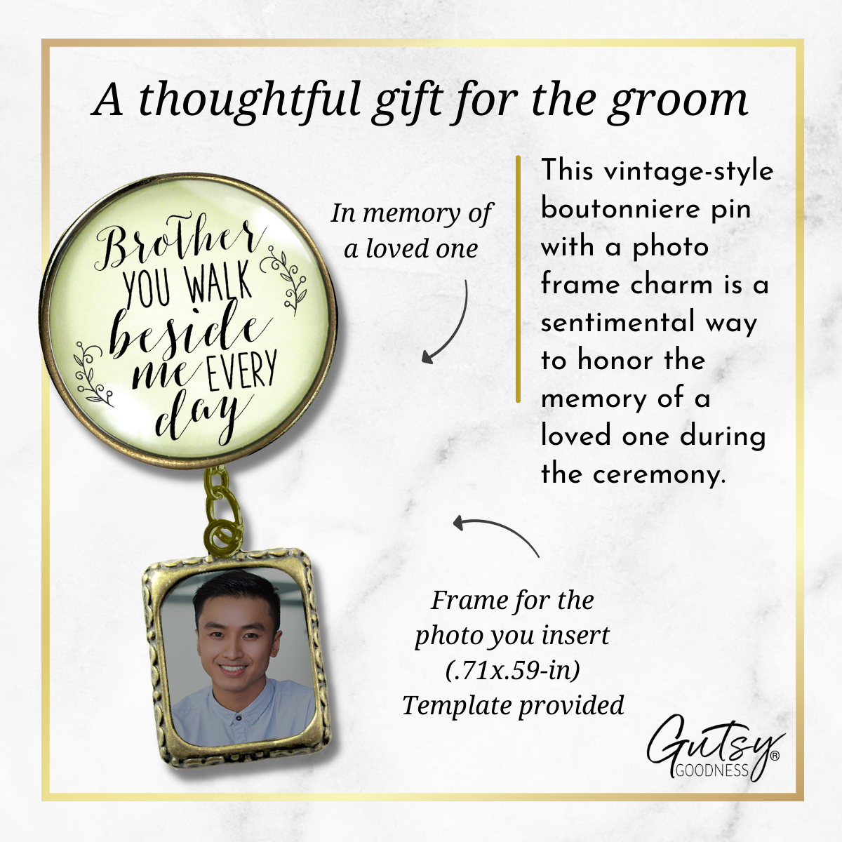 Wedding Memorial Boutonniere Pin Photo Frame Honor Brother Vintage Cream For Men - Gutsy Goodness