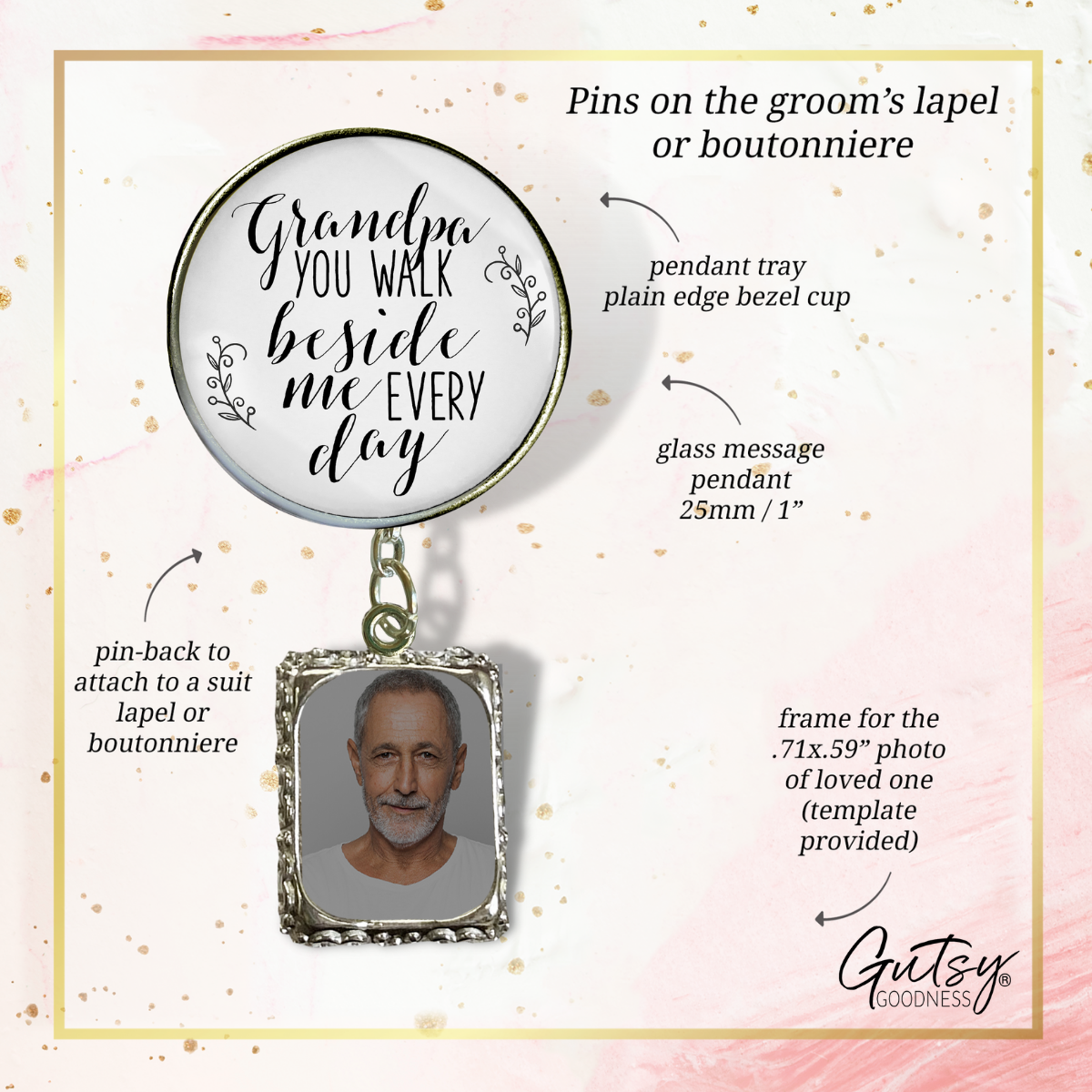 Wedding Memorial Boutonniere Pin Photo Frame Honor Grandpa Silver White For Men - Gutsy Goodness