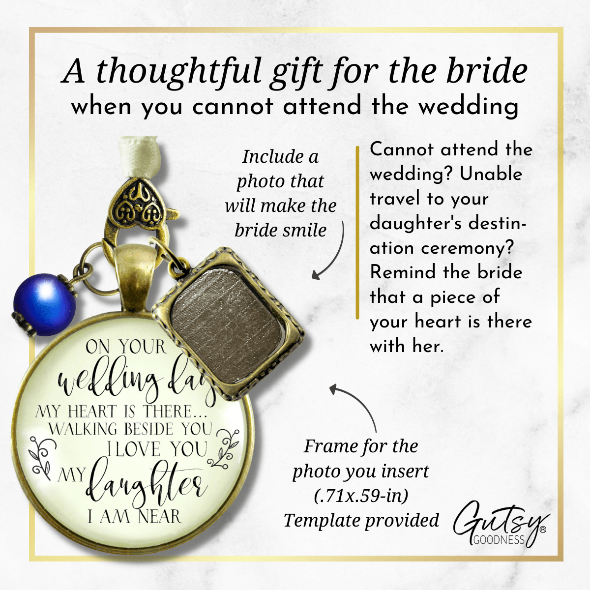On Your Wedding Day MY Heart Is There Walking Beside You DAUGHTER - DESTINATION BRONZE - CREAM - BLUE BEAD