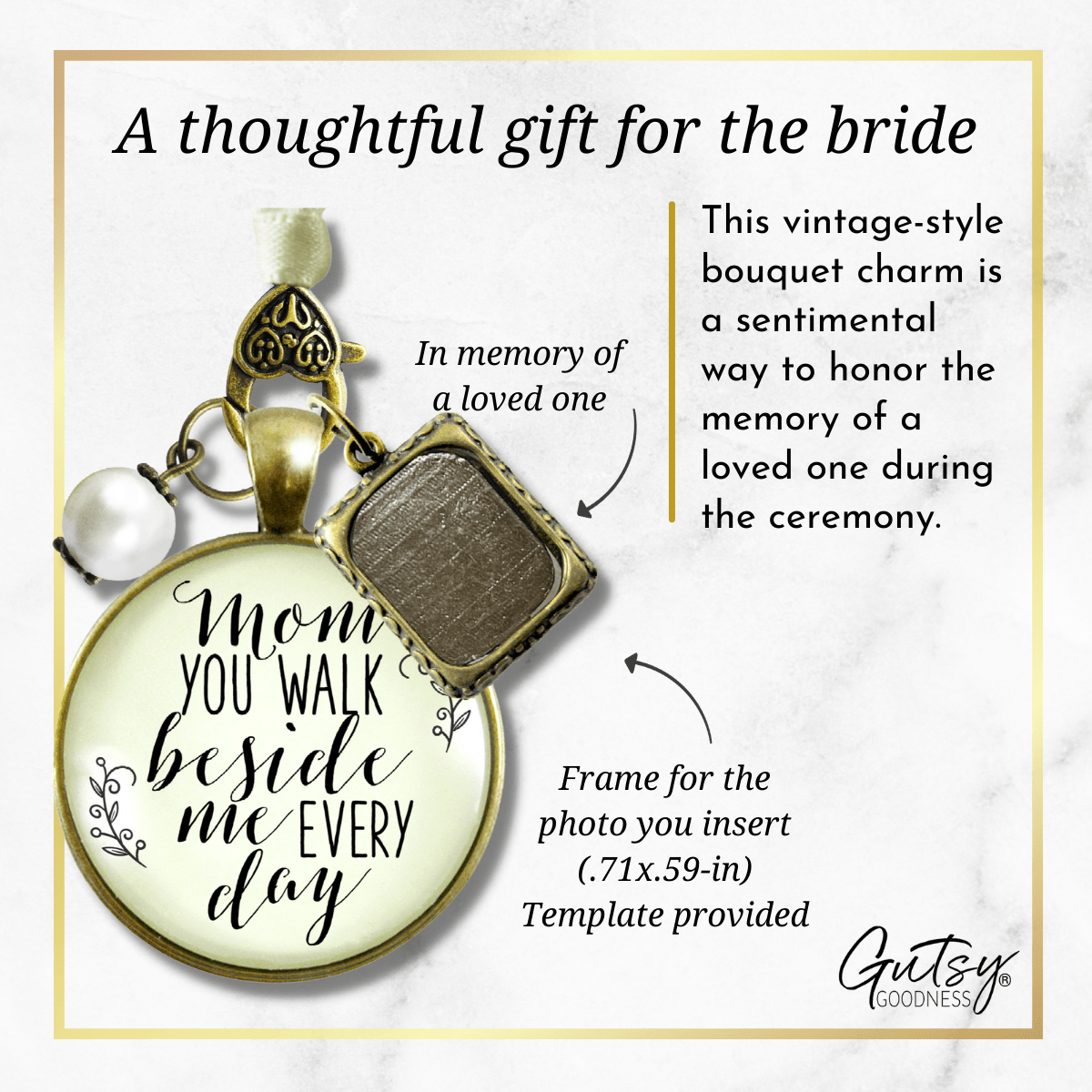 Bridal Bouquet Photo Charm Mom Beside Me Wedding Mother Memorial Picture Frame Jewel - Gutsy Goodness Handmade Jewelry Gifts