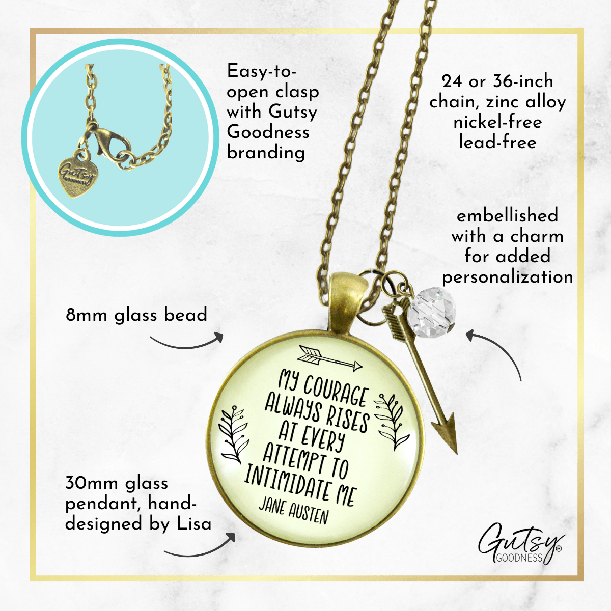 Be Courageous Necklace Jane Austen Quote Jewelry Arrow Charm - Gutsy Goodness