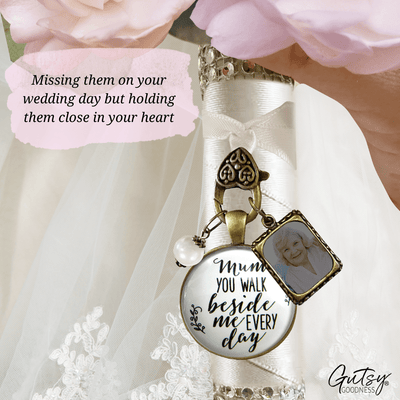 Bridal Bouquet Photo Charm Mum You Walk Wedding Mother Memorial Photo Jewelry - Gutsy Goodness Handmade Jewelry Gifts