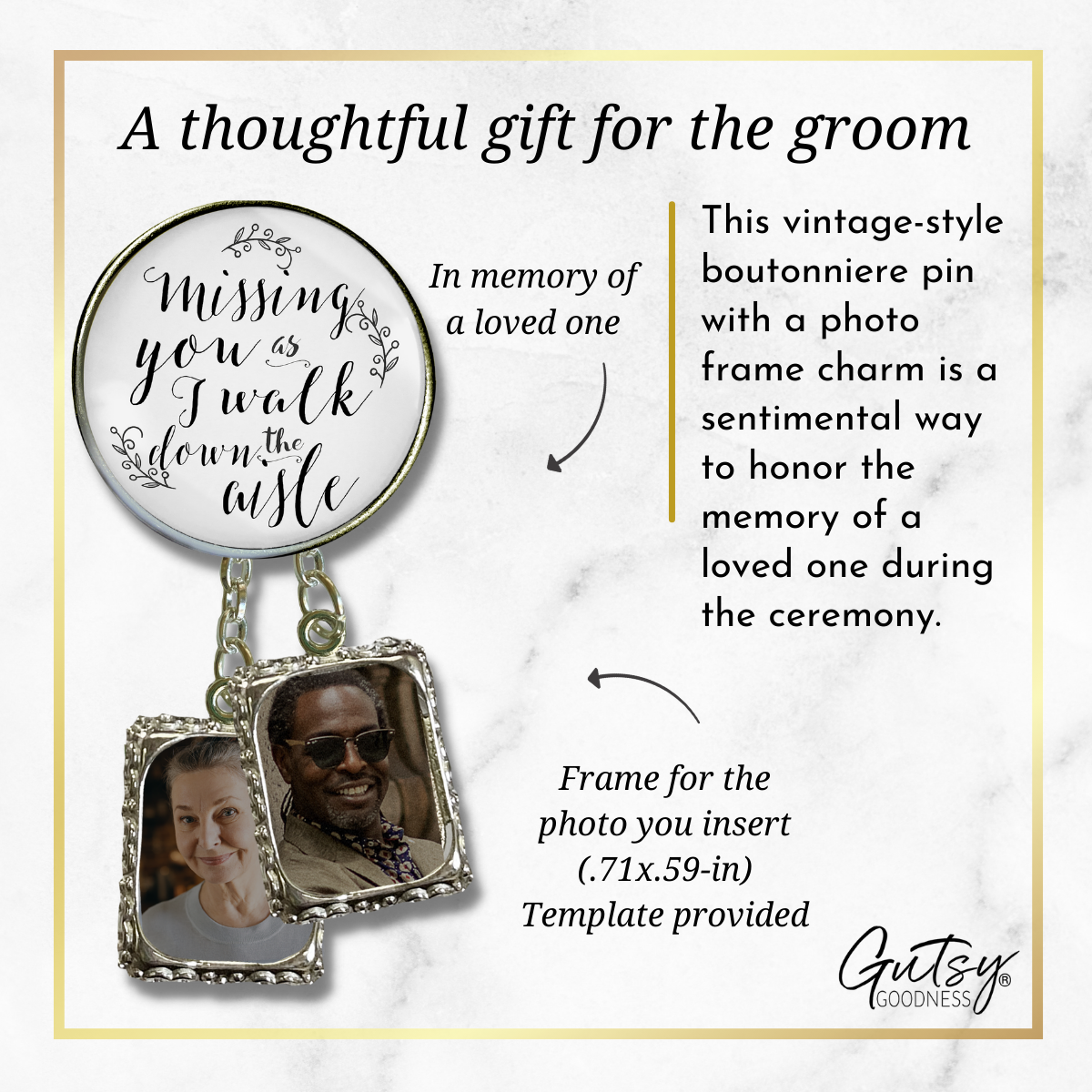 Wedding Memorial Boutonniere Pin Photo Frame Missing You Today Silver White 2 Frames - Gutsy Goodness